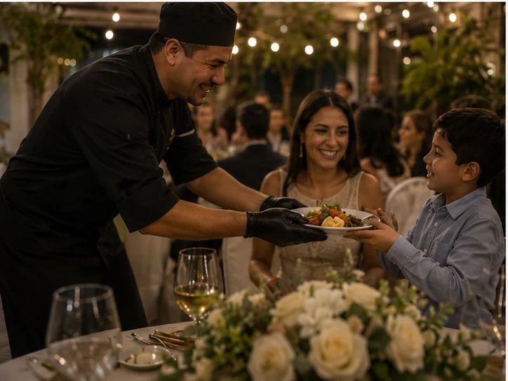Chef entregando plato en evento a domicilio