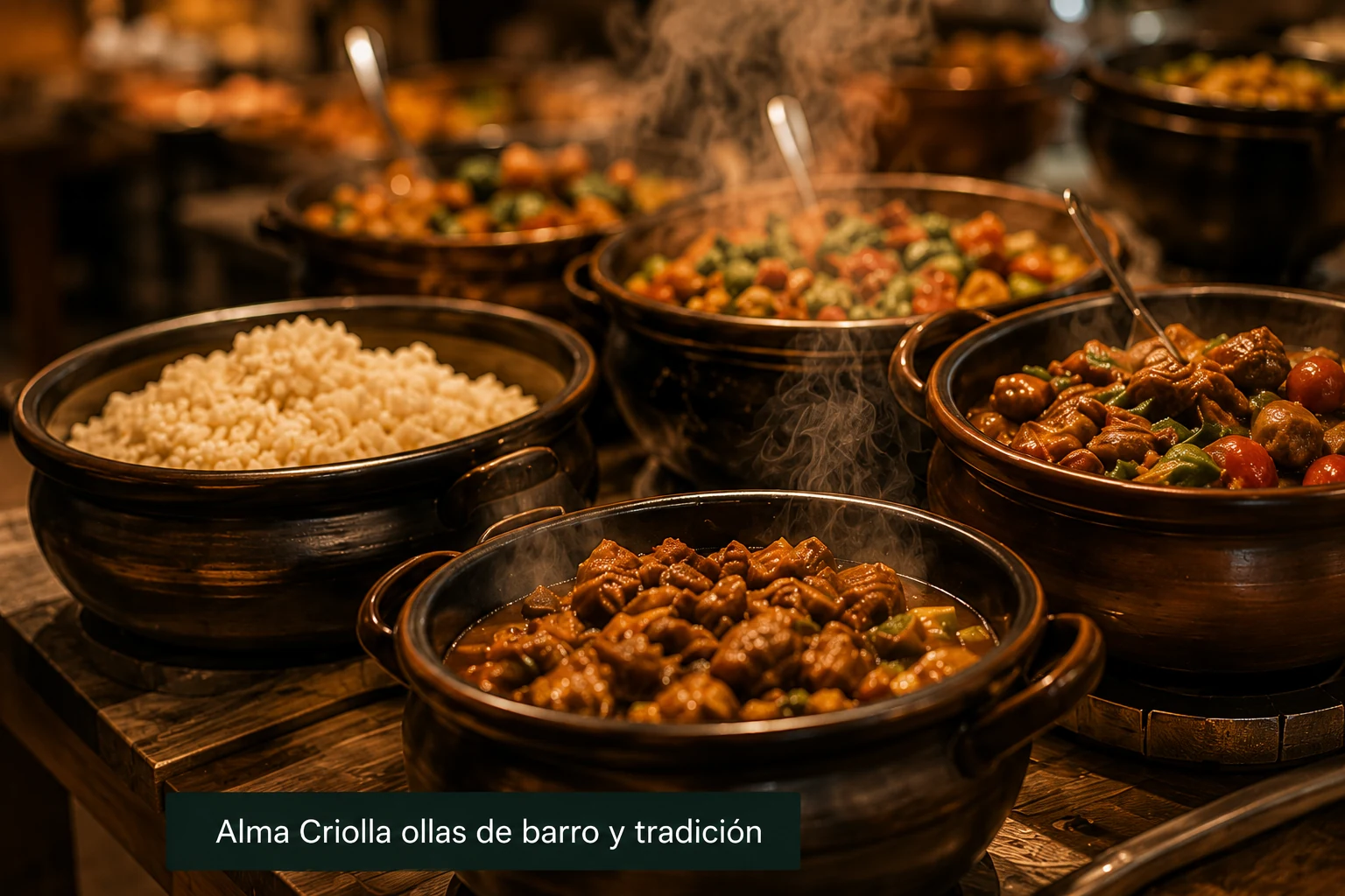 Buffet criollo con ollas de barro